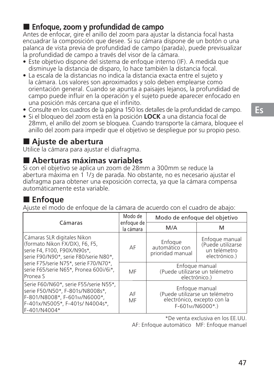 Jp en de fr es se ru nl it ck ch kr, Enfoque, zoom y profundidad de campo, Ajuste de abertura | Aberturas máximas variables, Enfoque | Nikon AF-S NIKKOR 28-300mm f/3.5-5.6G ED VR Lens User Manual | Page 47 / 160