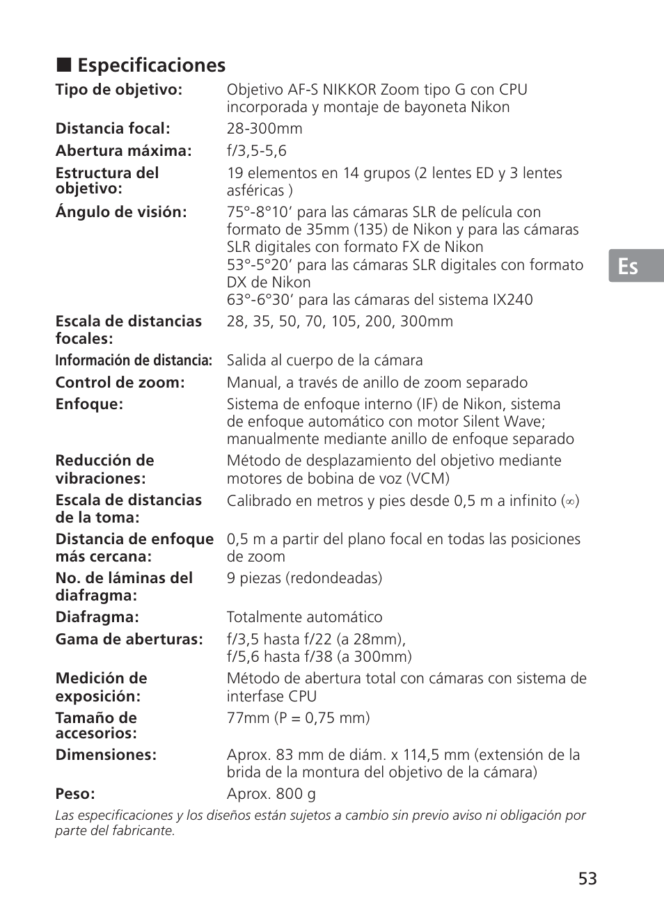 Jp en de fr es se ru nl it ck ch kr, Especificaciones | Nikon AF-S NIKKOR 28-300mm f/3.5-5.6G ED VR Lens User Manual | Page 53 / 160