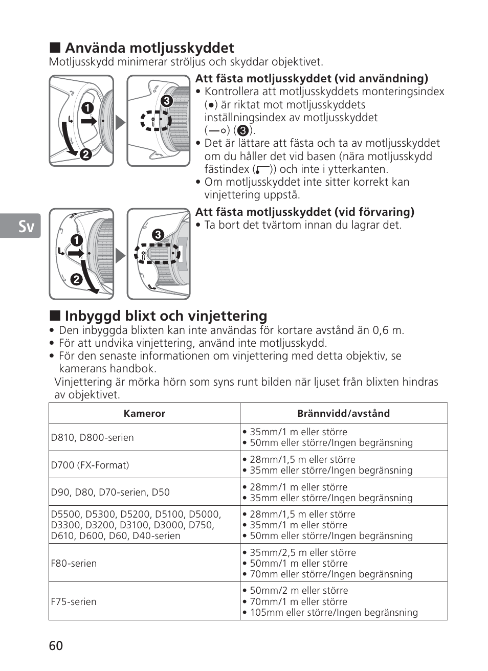 Jp en de fr es sv ru nl it ck ch kr, Använda motljusskyddet, Inbyggd blixt och vinjettering | Nikon AF-S NIKKOR 28-300mm f/3.5-5.6G ED VR Lens User Manual | Page 60 / 160