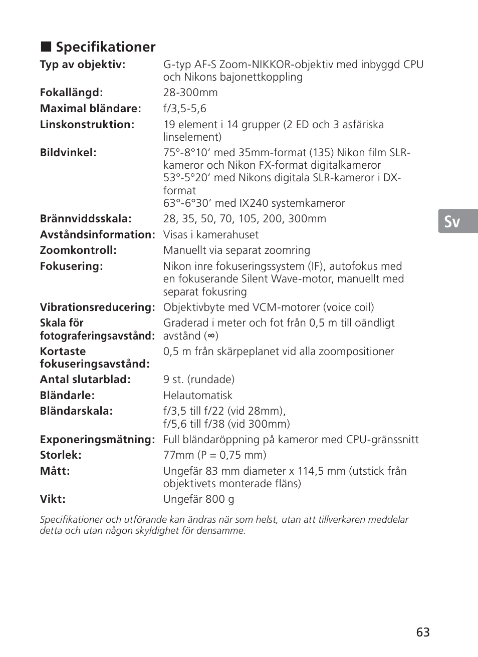 Jp en de fr es sv ru nl it ck ch kr, Specifikationer | Nikon AF-S NIKKOR 28-300mm f/3.5-5.6G ED VR Lens User Manual | Page 63 / 160