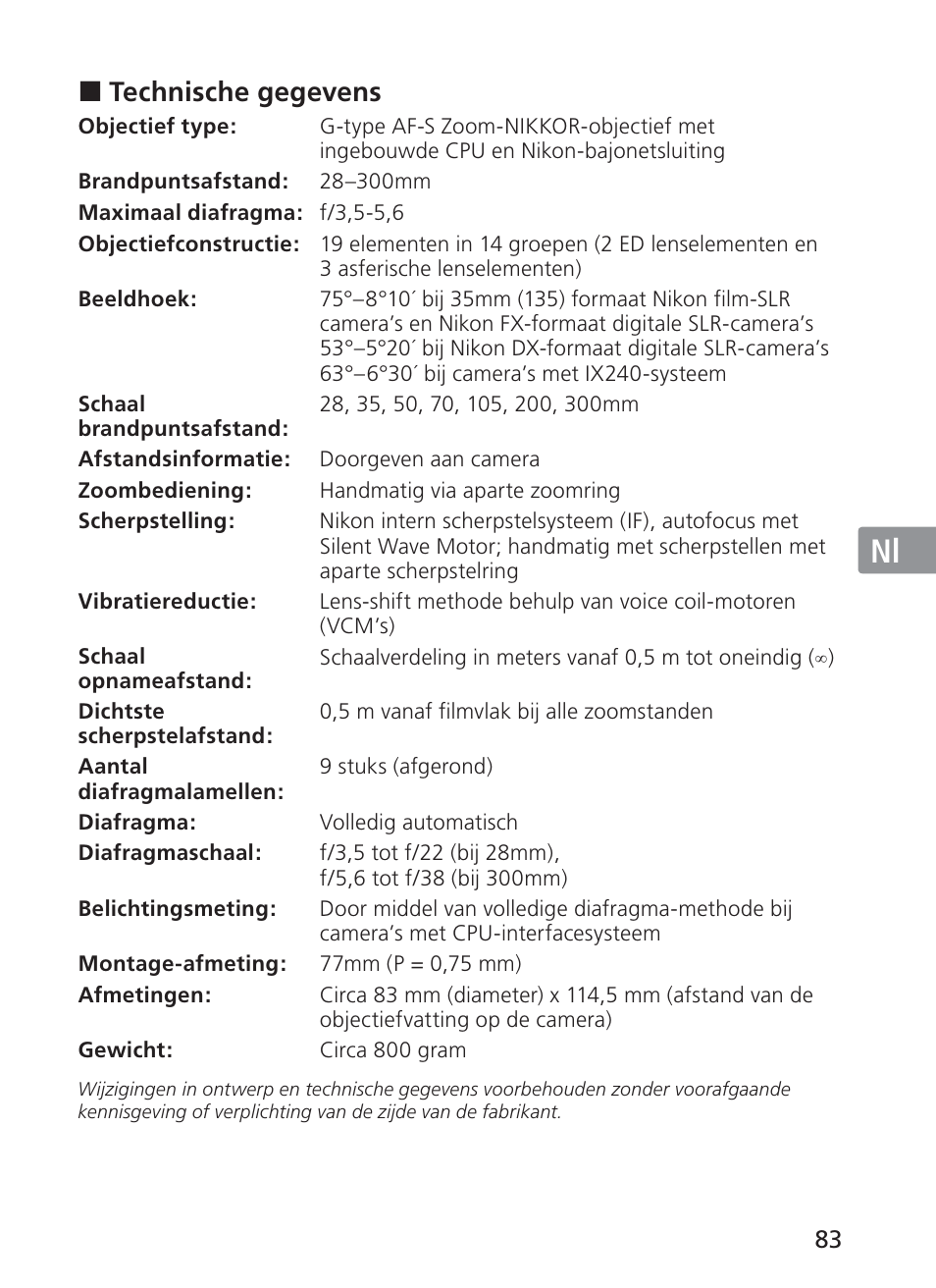 Jp en de fr es se ru nl it ck ch kr, Technische gegevens | Nikon AF-S NIKKOR 28-300mm f/3.5-5.6G ED VR Lens User Manual | Page 83 / 160