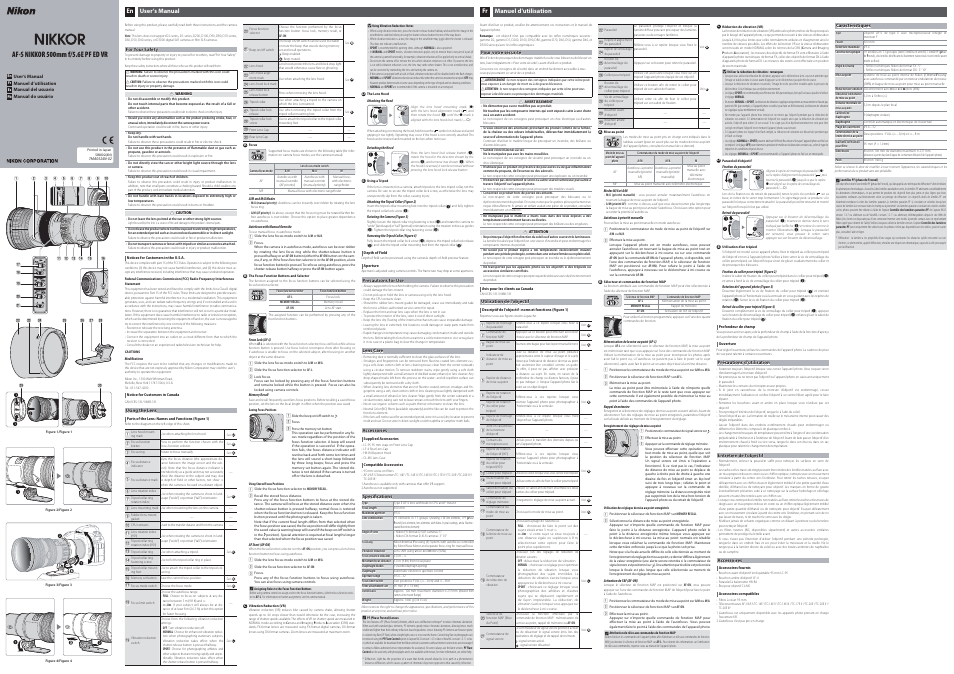 Nikon AF-S NIKKOR 500mm f/5.6E PF ED VR Lens User Manual | 2 pages