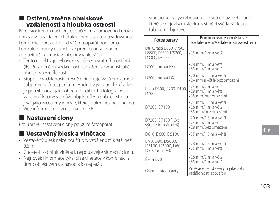 Jp en de fr es se ru nl it cz sk ck ch kr, Nastavení clony, Vestavěný blesk a vinětace | Nikon AF-S NIKKOR 16-35mm f/4G ED VR Lens User Manual | Page 103 / 164