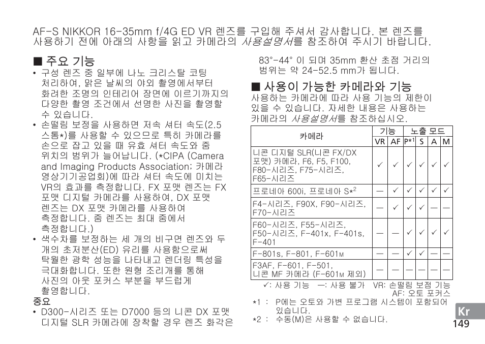 Jp en de fr es se ru nl it cz sk ck ch kr, 사용이 가능한 카메라와 기능, 주요 기능 | 사용설명서 | Nikon AF-S NIKKOR 16-35mm f/4G ED VR Lens User Manual | Page 149 / 164