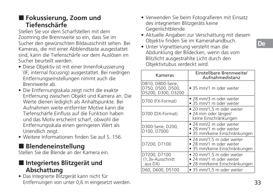 Jp en de fr es se ru nl it cz sk ck ch kr, Fokussierung, zoom und tiefenschärfe, Blendeneinstellung | Integriertes blitzgerät und abschattung | Nikon AF-S NIKKOR 16-35mm f/4G ED VR Lens User Manual | Page 33 / 164