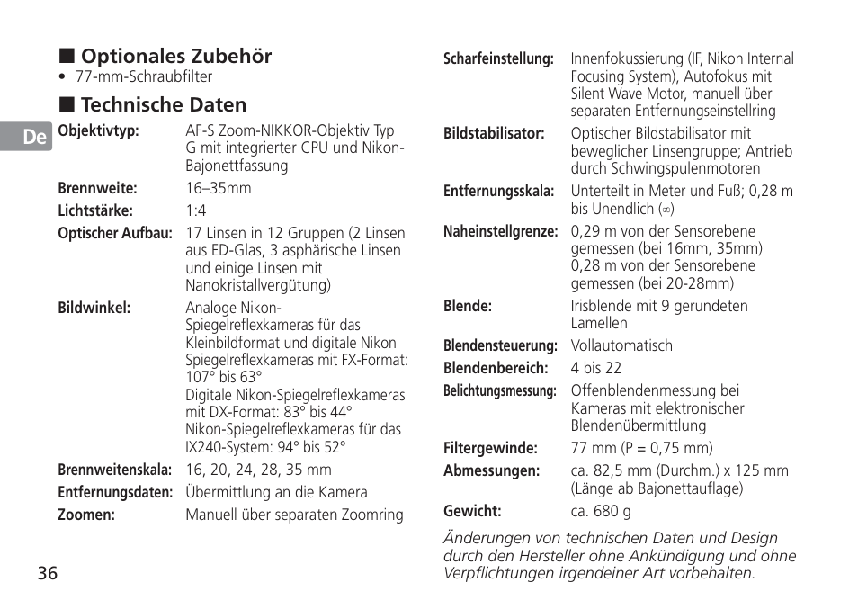 Jp en de fr es se ru nl it cz sk ck ch kr | Nikon AF-S NIKKOR 16-35mm f/4G ED VR Lens User Manual | Page 36 / 164