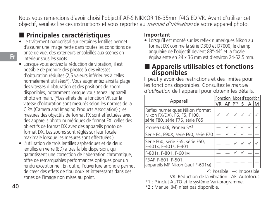 Jp en de fr es se ru nl it cz sk ck ch kr, Appareils utilisables et fonctions disponibles, Principales caractéristiques | Manuel d’utilisation | Nikon AF-S NIKKOR 16-35mm f/4G ED VR Lens User Manual | Page 40 / 164