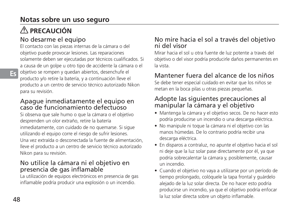 Notas sobre un uso seguro, Precaución | Nikon AF-S NIKKOR 16-35mm f/4G ED VR Lens User Manual | Page 48 / 164