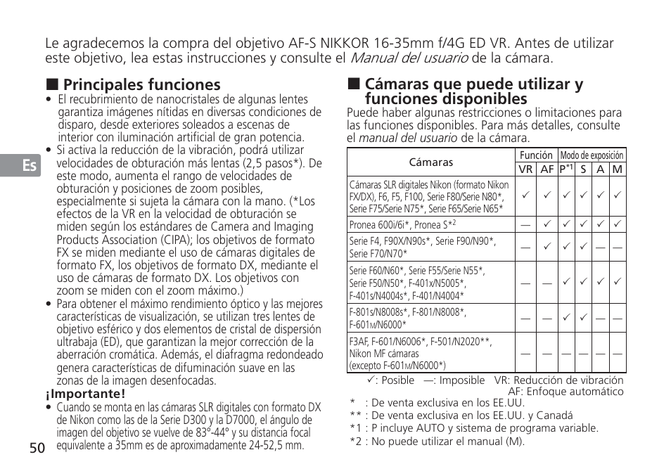 Cámaras que puede utilizar y funciones disponibles, Principales funciones, Manual del usuario | De la cámara | Nikon AF-S NIKKOR 16-35mm f/4G ED VR Lens User Manual | Page 50 / 164