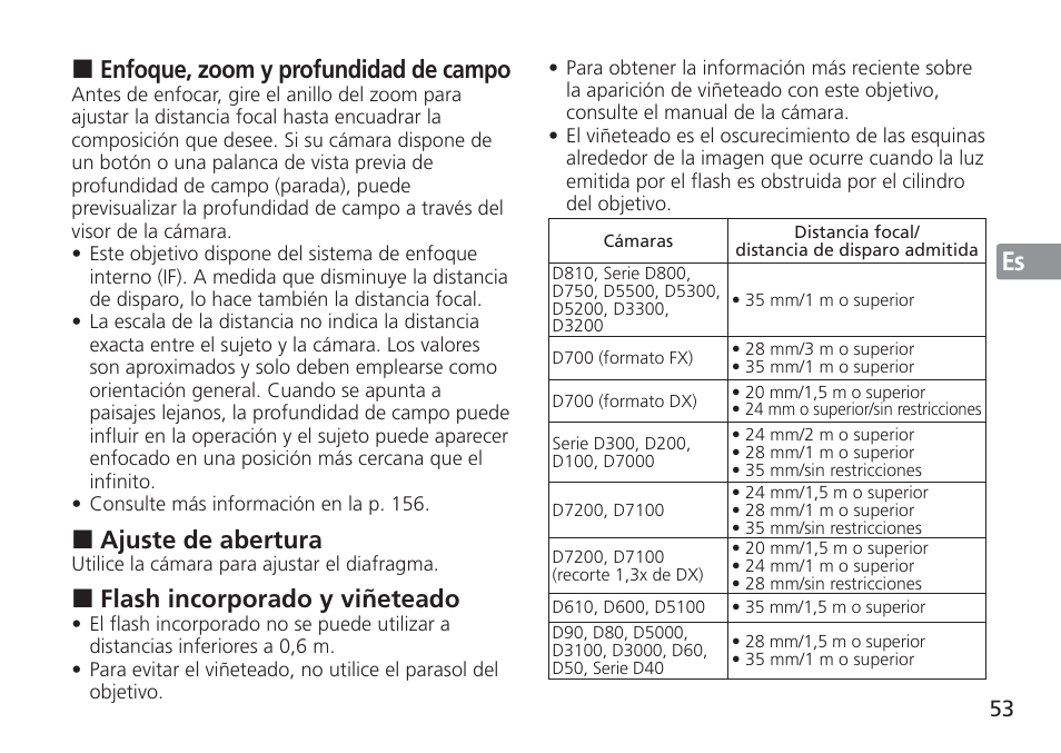 Enfoque, zoom y profundidad de campo, Ajuste de abertura, Flash incorporado y viñeteado | Nikon AF-S NIKKOR 16-35mm f/4G ED VR Lens User Manual | Page 53 / 164