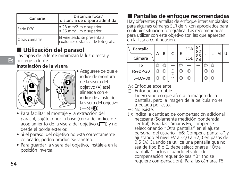 Pantallas de enfoque recomendadas, Utilización del parasol | Nikon AF-S NIKKOR 16-35mm f/4G ED VR Lens User Manual | Page 54 / 164