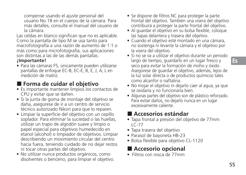 Forma de cuidar el objetivo, Accesorios estándar, Accesorio opcional | Nikon AF-S NIKKOR 16-35mm f/4G ED VR Lens User Manual | Page 55 / 164