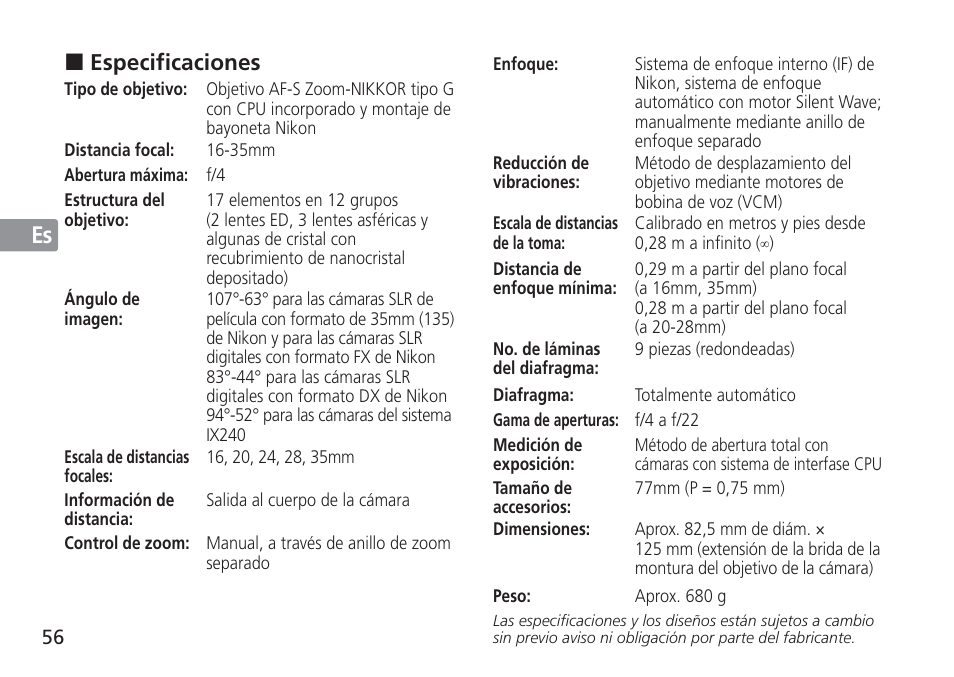 Especificaciones | Nikon AF-S NIKKOR 16-35mm f/4G ED VR Lens User Manual | Page 56 / 164