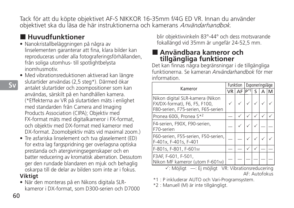 Jp en de fr es sv ru nl it cz sk ck ch kr, Användbara kameror och tillgängliga funktioner, Huvudfunktioner | Användarhandbok | Nikon AF-S NIKKOR 16-35mm f/4G ED VR Lens User Manual | Page 60 / 164