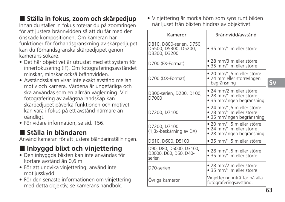 Jp en de fr es sv ru nl it cz sk ck ch kr, Ställa in fokus, zoom och skärpedjup, Ställa in bländaren | Inbyggd blixt och vinjettering | Nikon AF-S NIKKOR 16-35mm f/4G ED VR Lens User Manual | Page 63 / 164