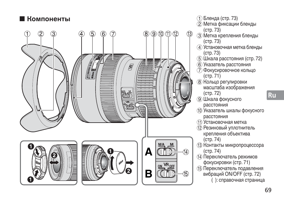 Jp en de fr es se ru nl it cz sk ck ch kr, Компоненты | Nikon AF-S NIKKOR 16-35mm f/4G ED VR Lens User Manual | Page 69 / 164