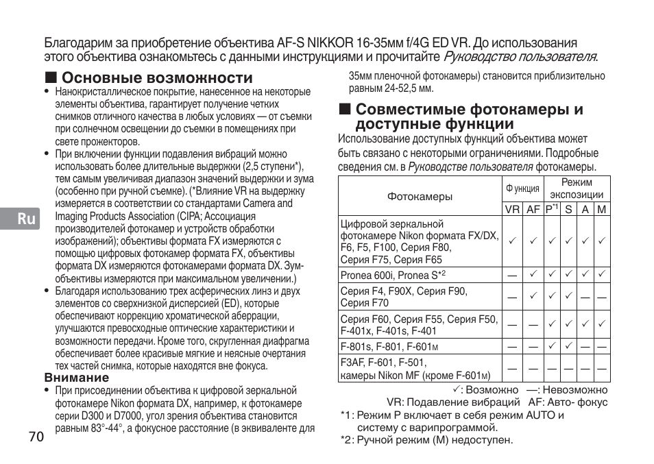 Jp en de fr es se ru nl it cz sk ck ch kr, Совместимые фотокамеры и доступные функции, Основные возможности | Руководство пользователя | Nikon AF-S NIKKOR 16-35mm f/4G ED VR Lens User Manual | Page 70 / 164