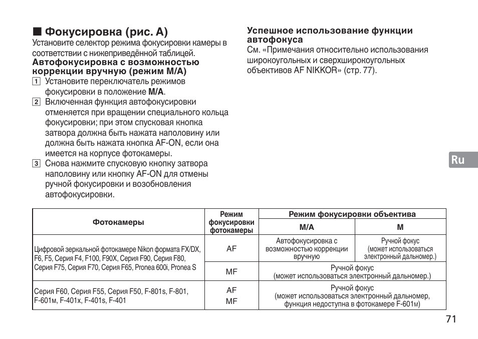 Jp en de fr es se ru nl it cz sk ck ch kr, Фокусировка ( рис . a) | Nikon AF-S NIKKOR 16-35mm f/4G ED VR Lens User Manual | Page 71 / 164