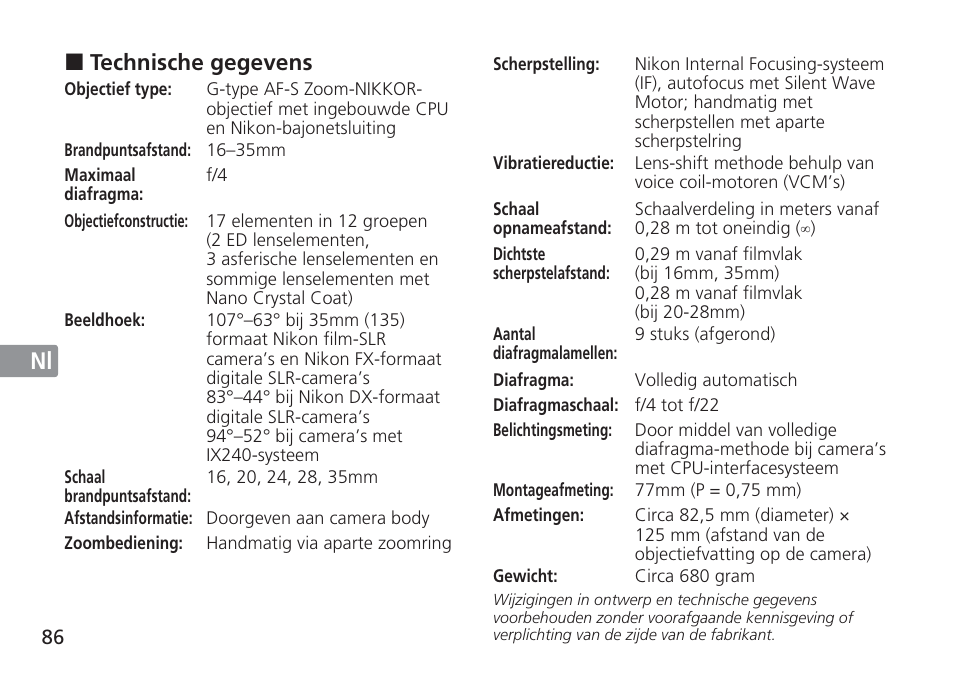 Jp en de fr es se ru nl it cz sk ck ch kr | Nikon AF-S NIKKOR 16-35mm f/4G ED VR Lens User Manual | Page 86 / 164