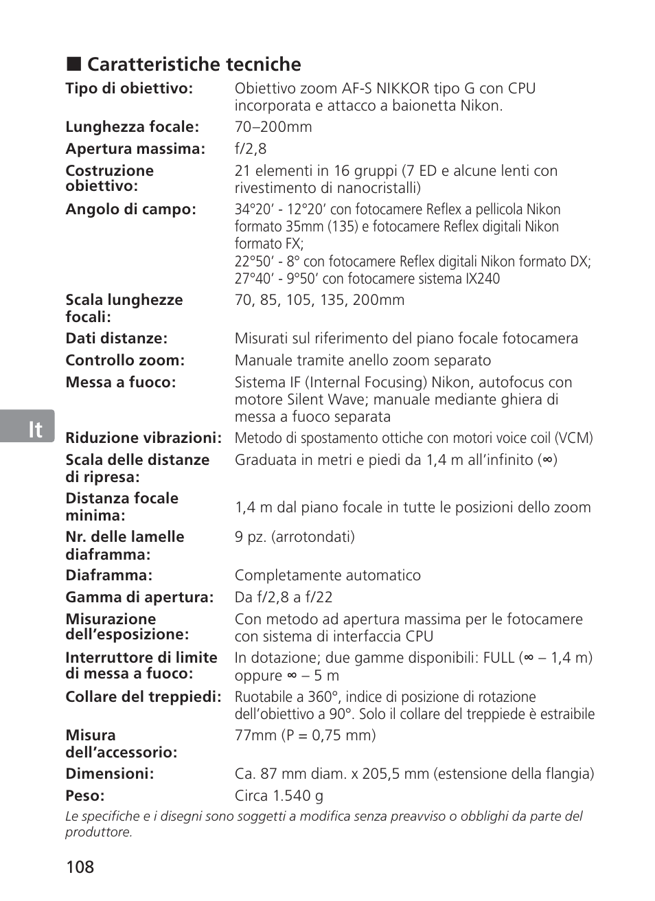 Jp en de fr es se ru nl it ck ch kr, Caratteristiche tecniche | Nikon AF-S NIKKOR 70-200mm f/2.8G ED VR II Lens User Manual | Page 108 / 196