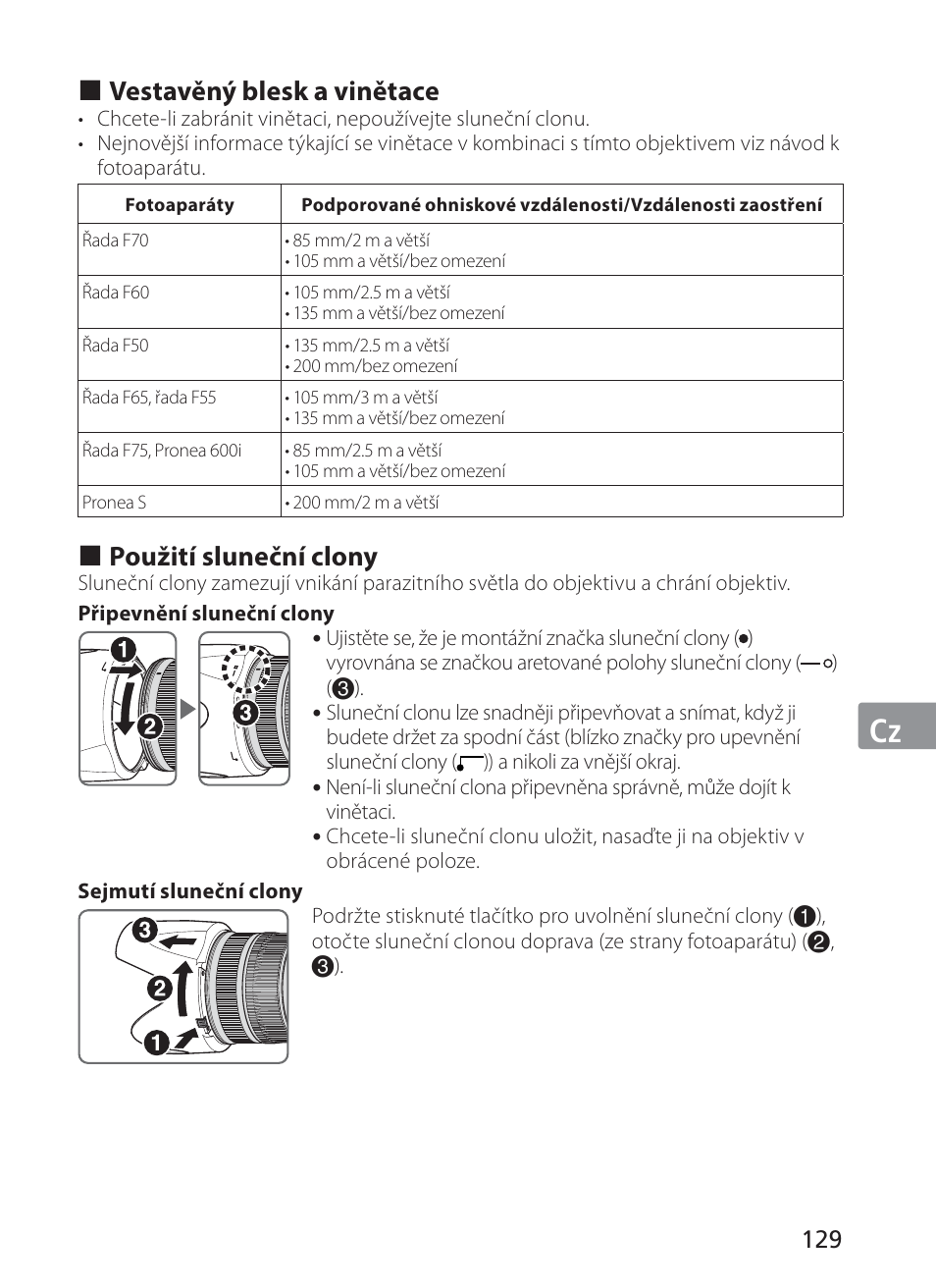 Jp en de fr es se ru nl it cz kr, Vestavěný blesk a vinětace, Použití sluneční clony | Nikon AF-S NIKKOR 70-200mm f/2.8G ED VR II Lens User Manual | Page 129 / 196