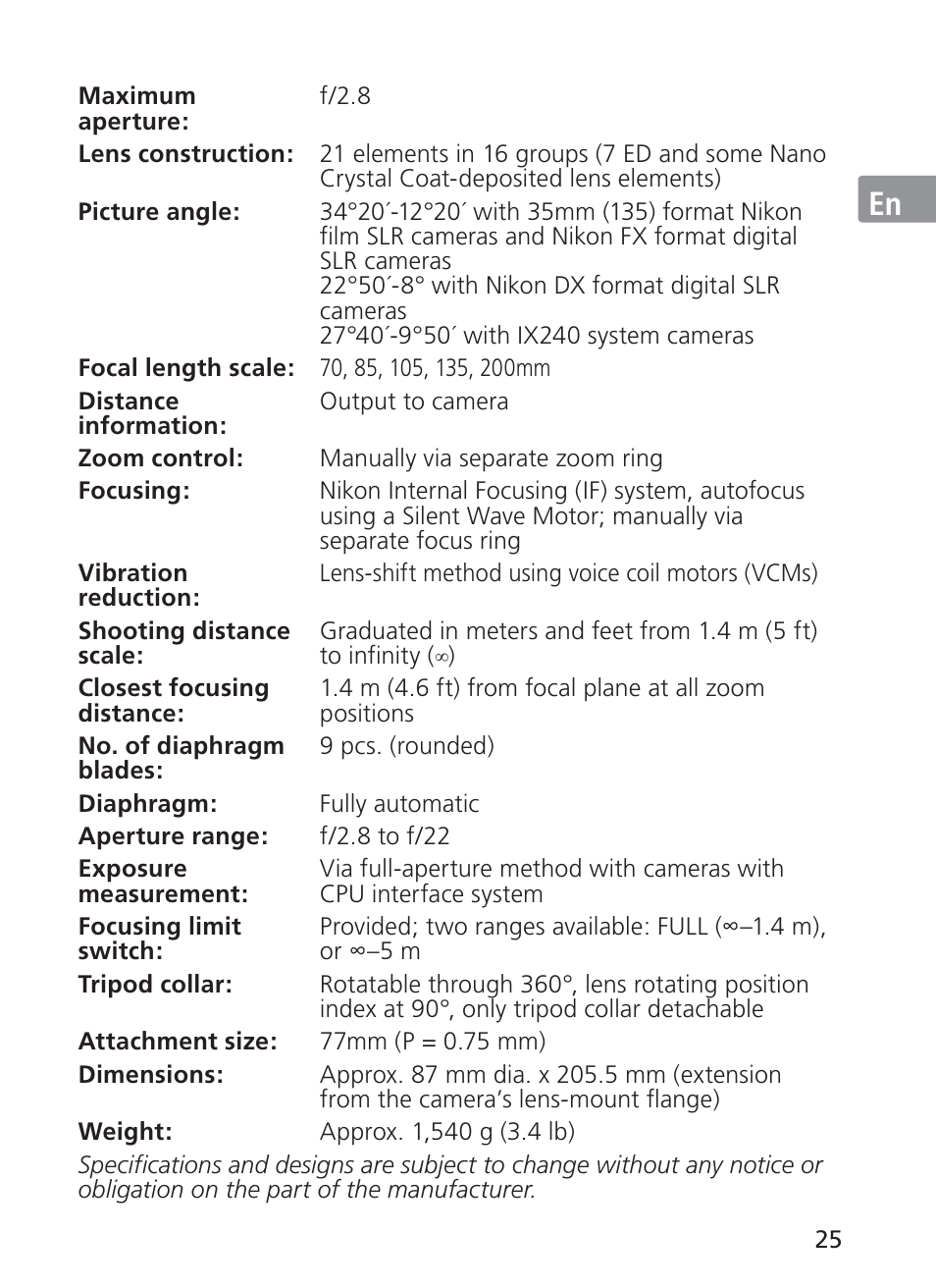 Jp en de fr es se ru nl it ck ch kr | Nikon AF-S NIKKOR 70-200mm f/2.8G ED VR II Lens User Manual | Page 25 / 196