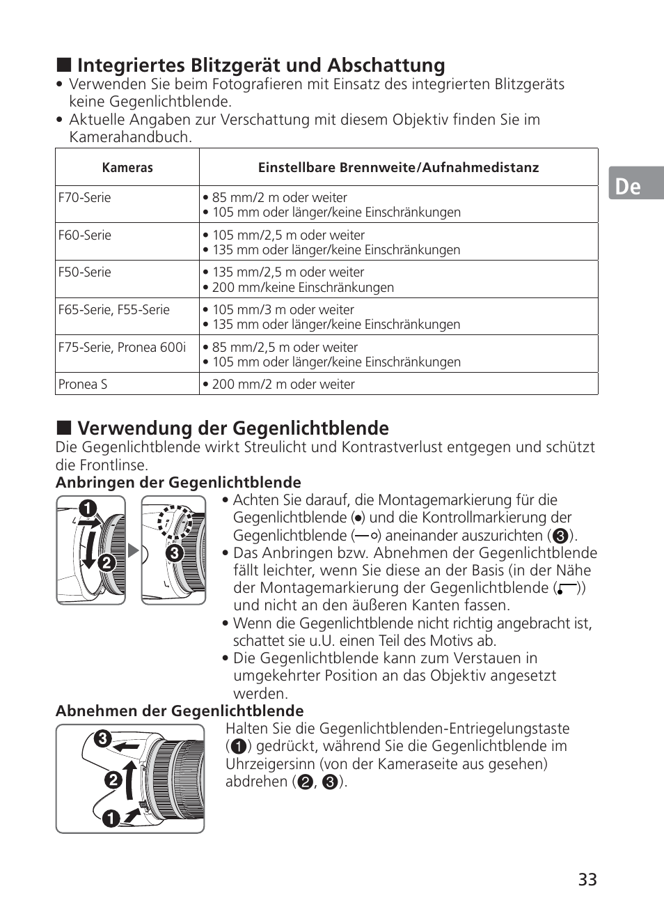 Jp en de fr es se ru nl it ck ch kr, Integriertes blitzgerät und abschattung, Verwendung der gegenlichtblende | Nikon AF-S NIKKOR 70-200mm f/2.8G ED VR II Lens User Manual | Page 33 / 196