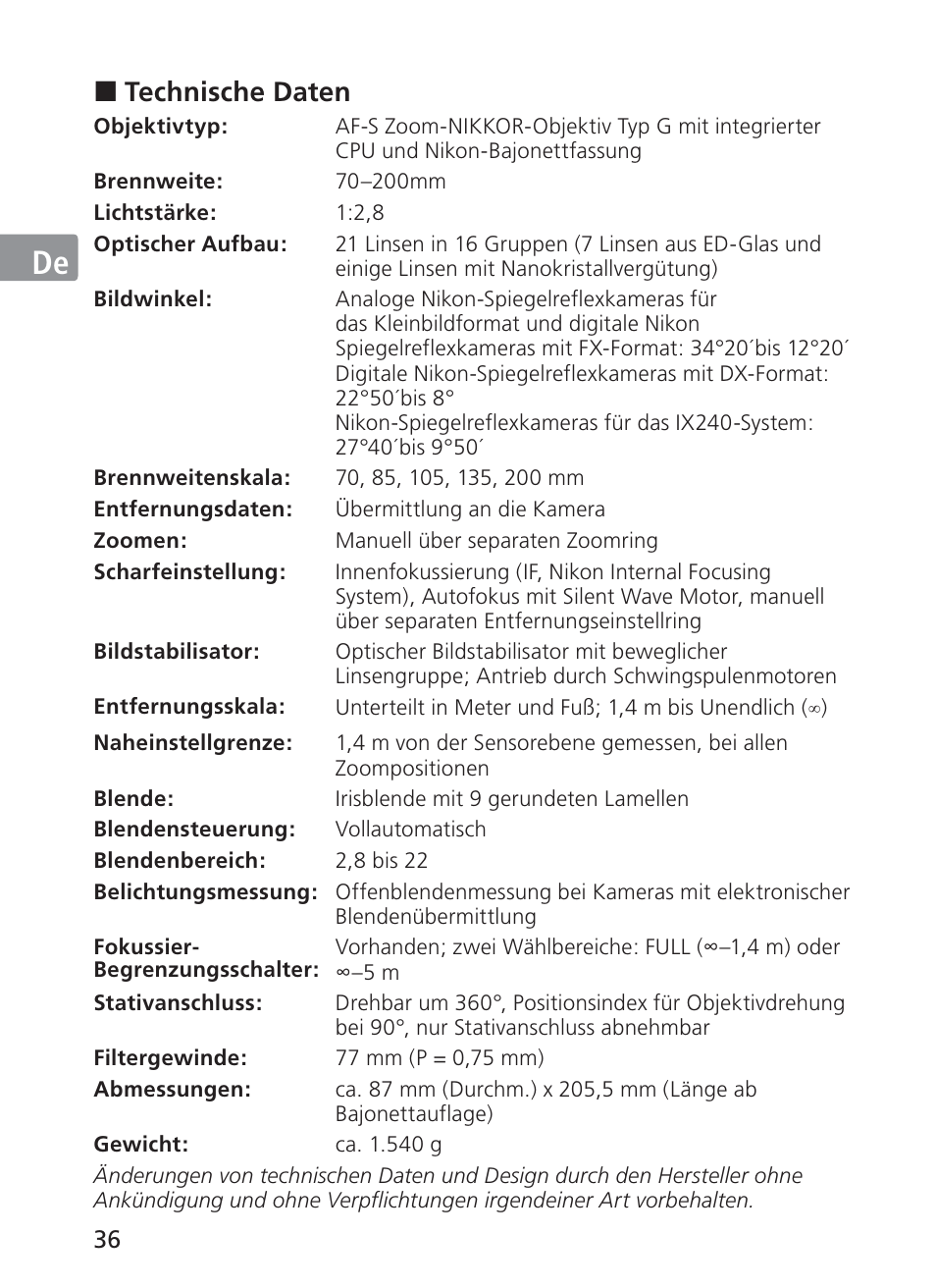 Jp en de fr es se ru nl it ck ch kr, Technische daten | Nikon AF-S NIKKOR 70-200mm f/2.8G ED VR II Lens User Manual | Page 36 / 196