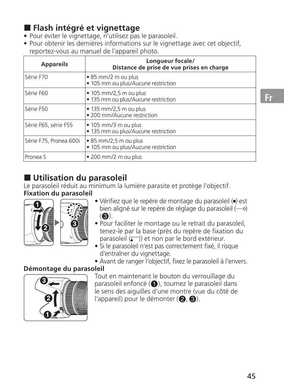 Jp en de fr es se ru nl it ck ch kr, Flash intégré et vignettage, Utilisation du parasoleil | Nikon AF-S NIKKOR 70-200mm f/2.8G ED VR II Lens User Manual | Page 45 / 196