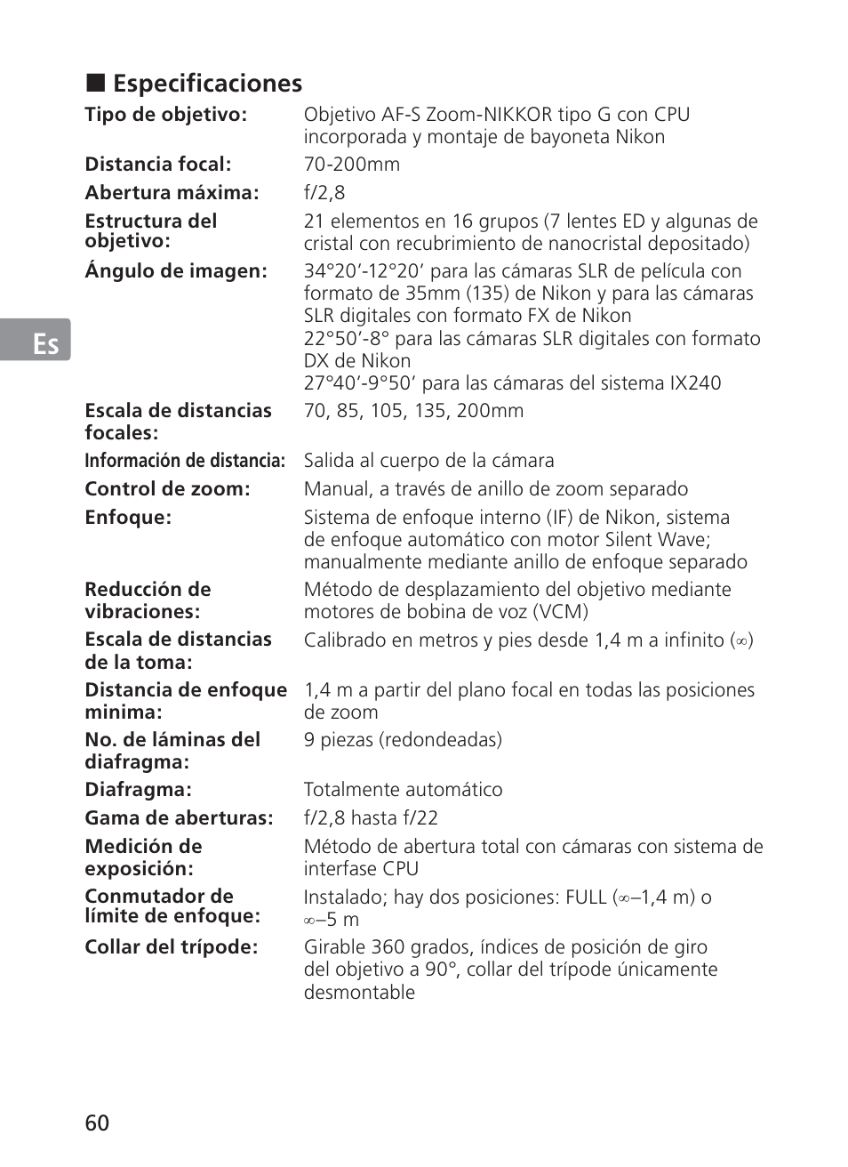 Jp en de fr es se ru nl it ck ch kr | Nikon AF-S NIKKOR 70-200mm f/2.8G ED VR II Lens User Manual | Page 60 / 196