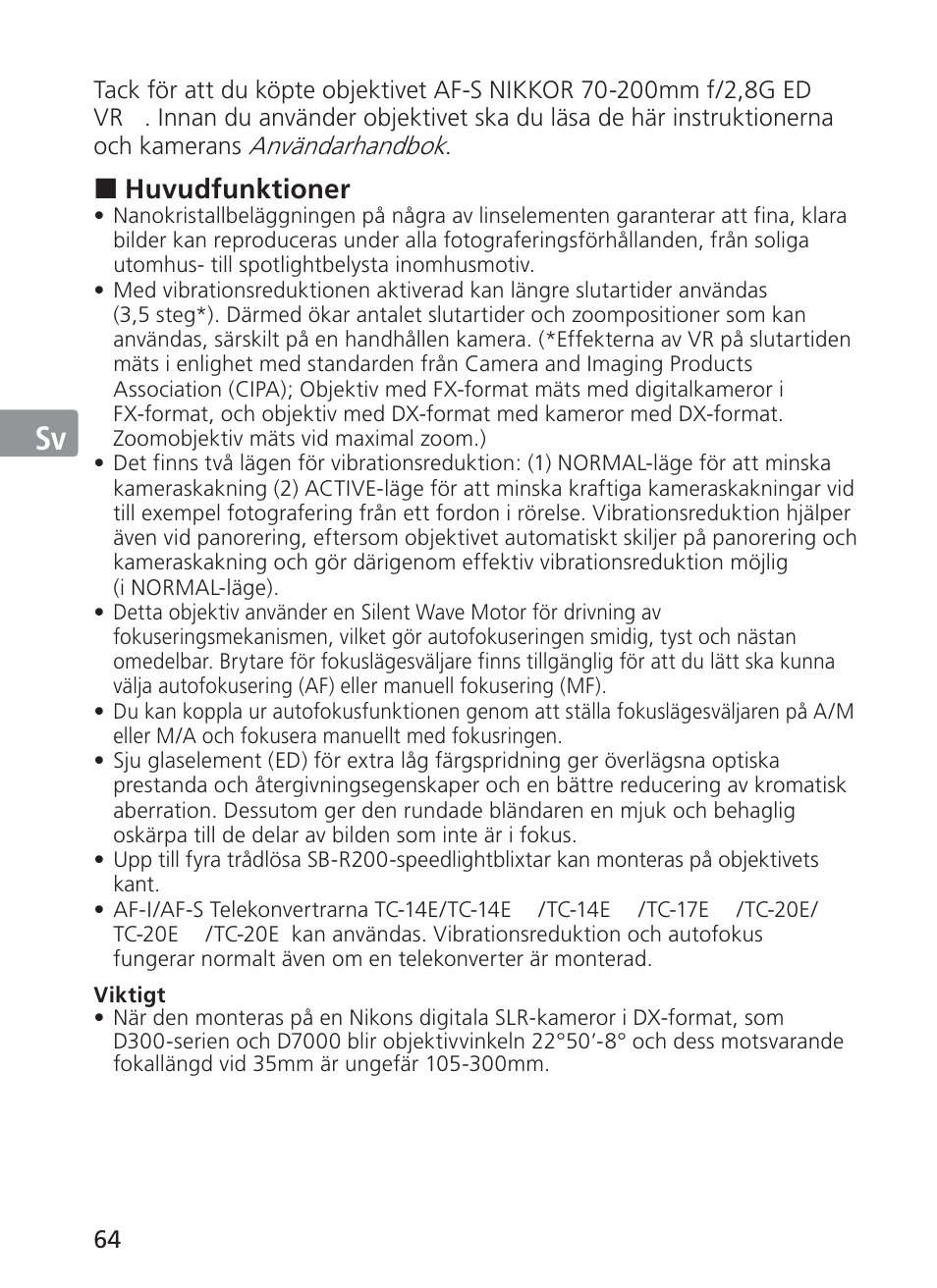 Jp en de fr es sv ru nl it ck ch kr | Nikon AF-S NIKKOR 70-200mm f/2.8G ED VR II Lens User Manual | Page 64 / 196
