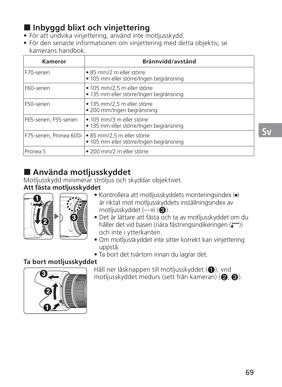 Jp en de fr es sv ru nl it ck ch kr, Inbyggd blixt och vinjettering, Använda motljusskyddet | Nikon AF-S NIKKOR 70-200mm f/2.8G ED VR II Lens User Manual | Page 69 / 196