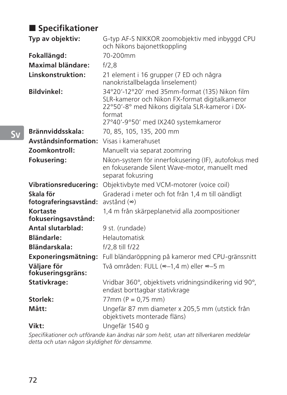 Jp en de fr es sv ru nl it ck ch kr, Specifikationer | Nikon AF-S NIKKOR 70-200mm f/2.8G ED VR II Lens User Manual | Page 72 / 196