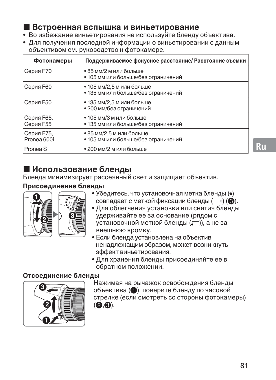 Jp en de fr es se ru nl it ck ch kr, Встроенная вспышка и виньетирование, Использование бленды | Nikon AF-S NIKKOR 70-200mm f/2.8G ED VR II Lens User Manual | Page 81 / 196