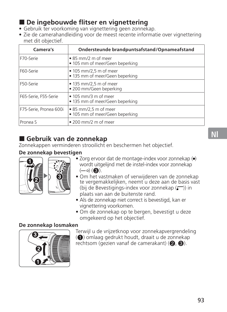 Jp en de fr es se ru nl it ck ch kr, De ingebouwde flitser en vignettering, Gebruik van de zonnekap | Nikon AF-S NIKKOR 70-200mm f/2.8G ED VR II Lens User Manual | Page 93 / 196