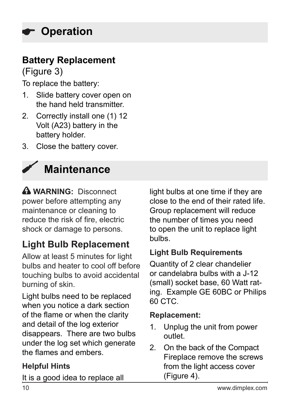 Maintenance, Operation, Light bulb replacement | Battery replacement (figure 3) | Dimplex Electralog Fireplace 7207250100R05 User Manual | Page 10 / 47