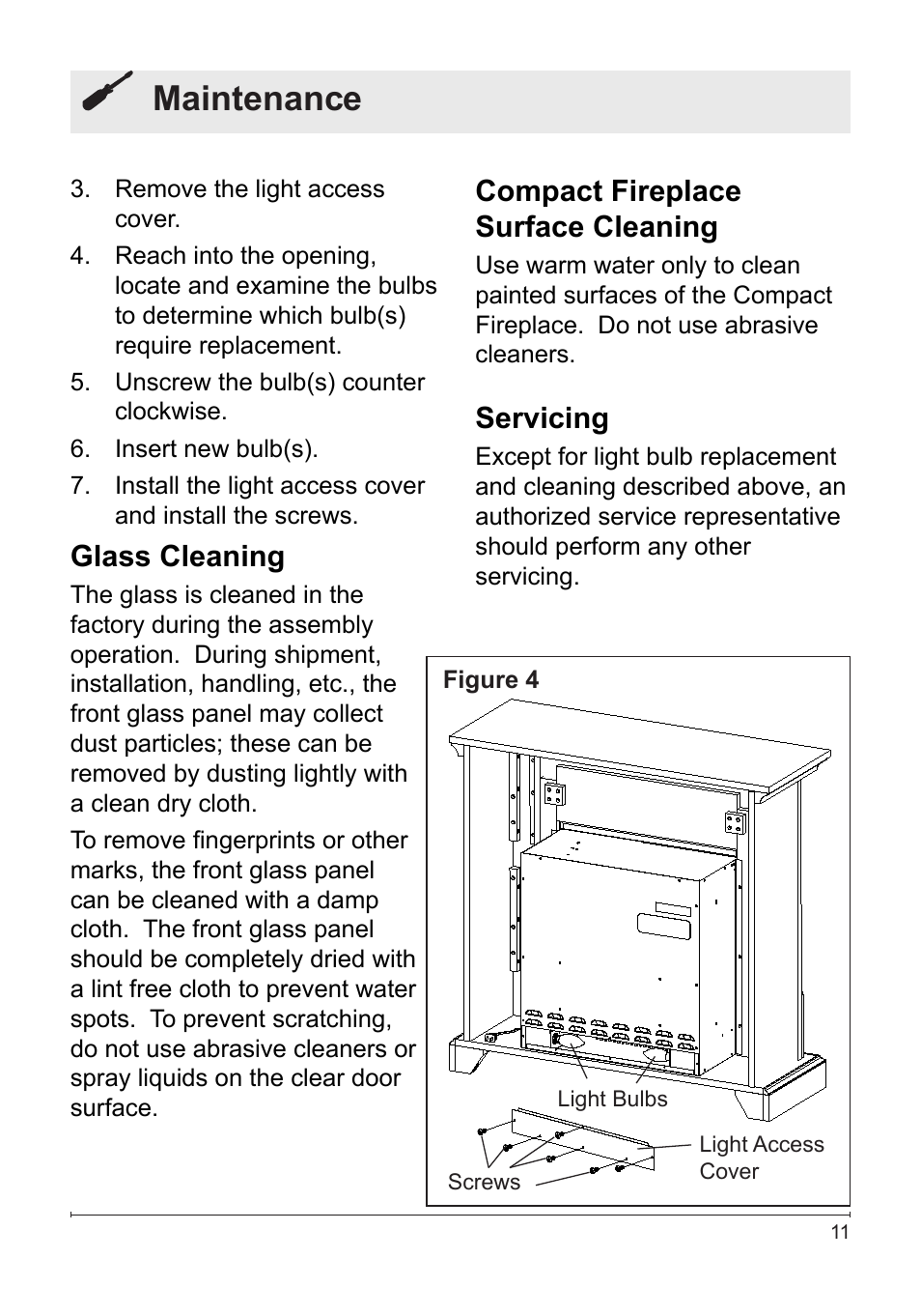 Maintenance, Glass cleaning, Compact fireplace surface cleaning | Servicing | Dimplex Electralog Fireplace 7207250100R05 User Manual | Page 11 / 47