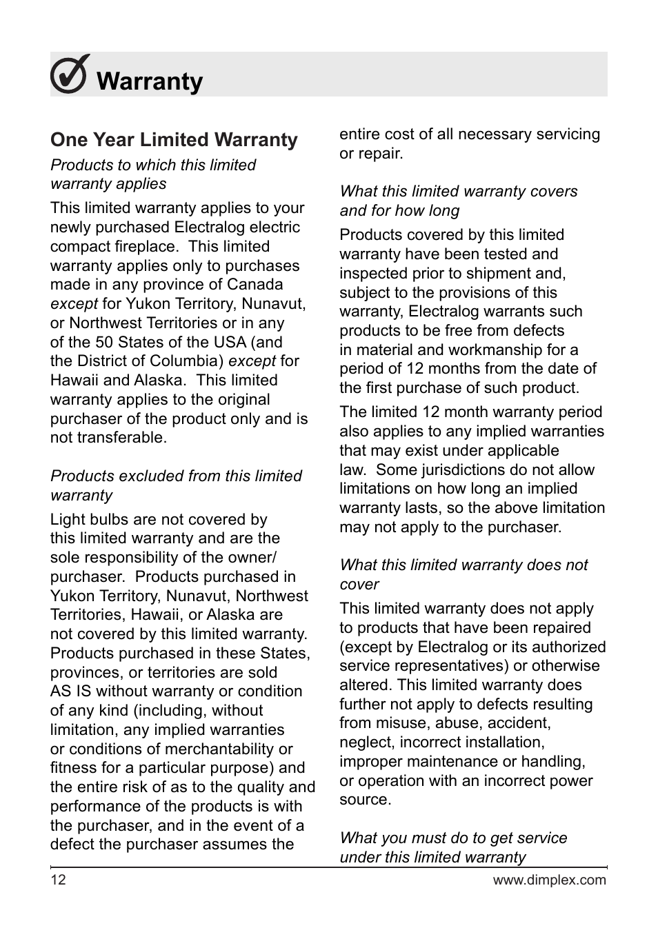 Warranty, One year limited warranty | Dimplex Electralog Fireplace 7207250100R05 User Manual | Page 12 / 47