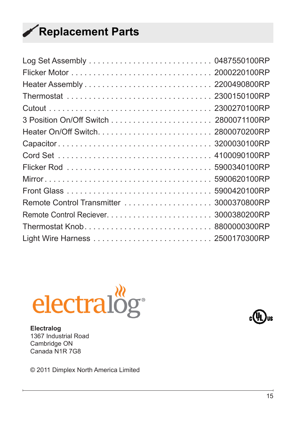 Replacement parts | Dimplex Electralog Fireplace 7207250100R05 User Manual | Page 15 / 47