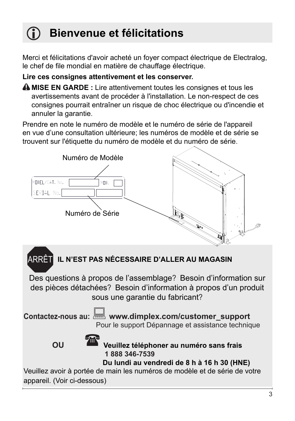 Bienvenue et félicitations | Dimplex Electralog Fireplace 7207250100R05 User Manual | Page 18 / 47