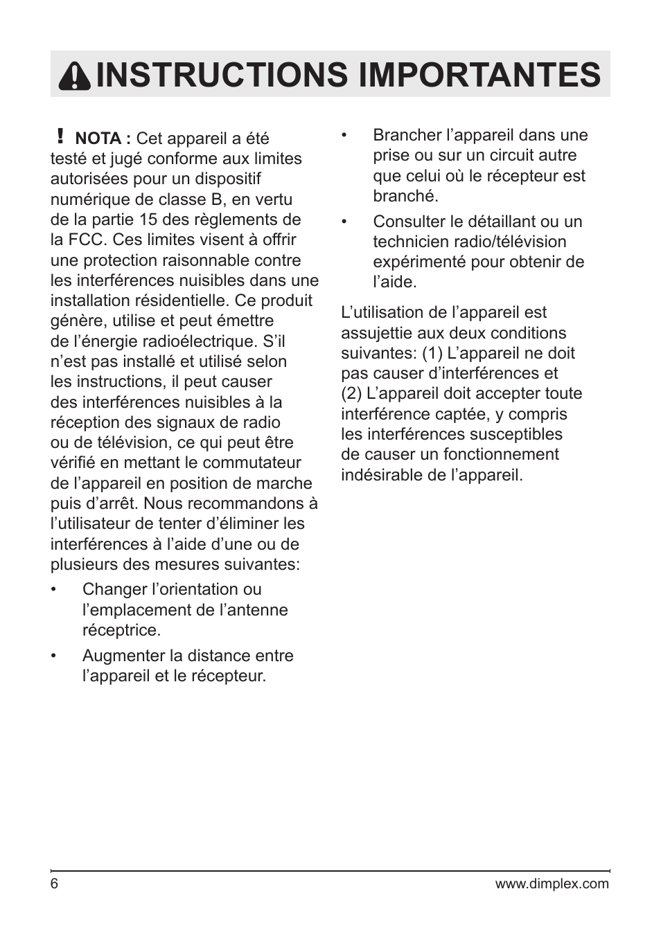 Instructions importantes | Dimplex Electralog Fireplace 7207250100R05 User Manual | Page 21 / 47