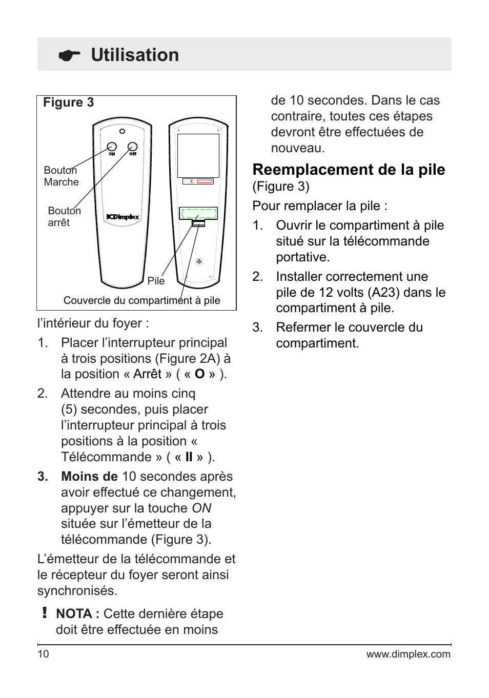 Utilisation, Reemplacement de la pile | Dimplex Electralog Fireplace 7207250100R05 User Manual | Page 25 / 47