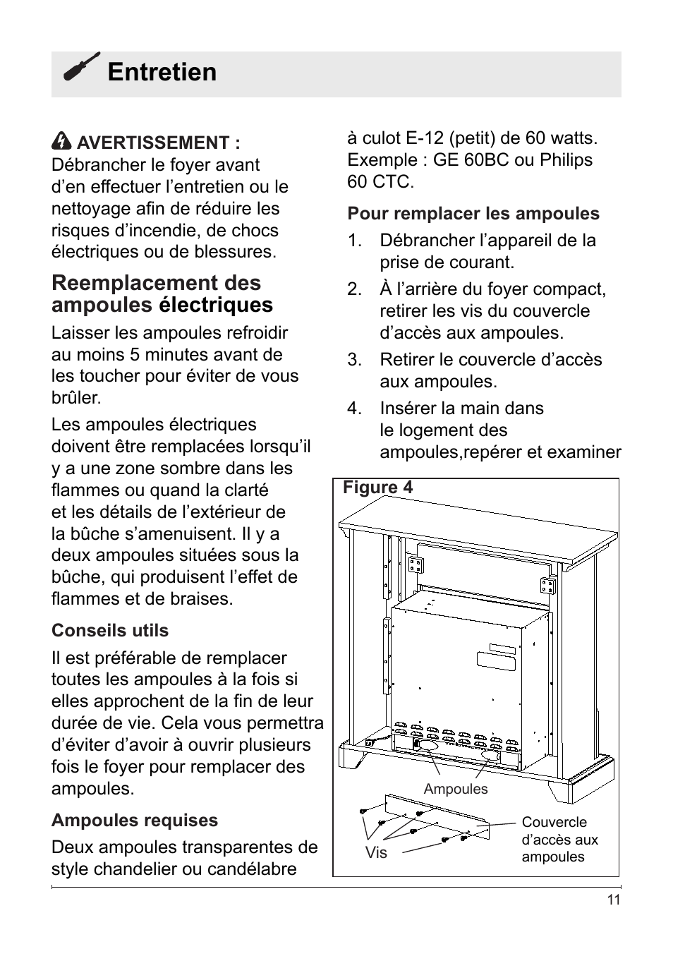 Entretien, Reemplacement des ampoules électriques | Dimplex Electralog Fireplace 7207250100R05 User Manual | Page 26 / 47