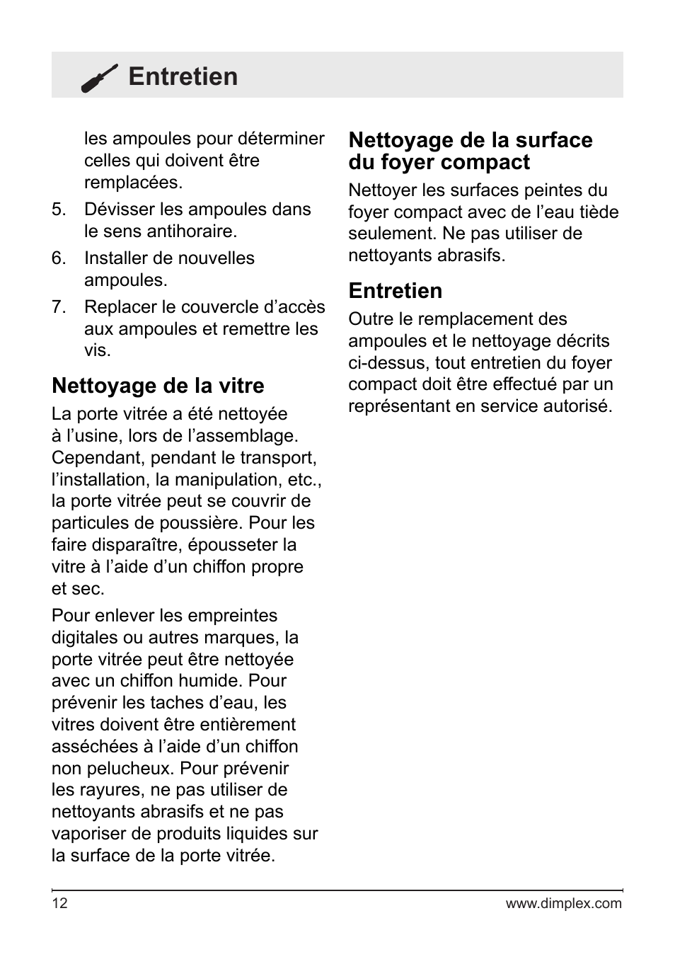 Entretien, Nettoyage de la vitre, Nettoyage de la surface du foyer compact | Dimplex Electralog Fireplace 7207250100R05 User Manual | Page 27 / 47