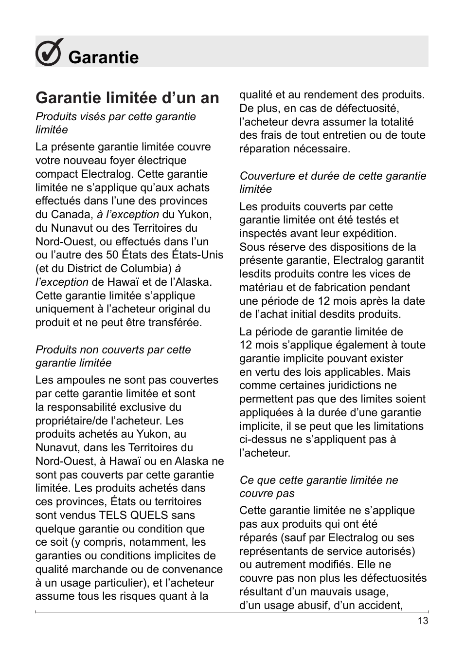 Garantie, Garantie limitée d’un an | Dimplex Electralog Fireplace 7207250100R05 User Manual | Page 28 / 47