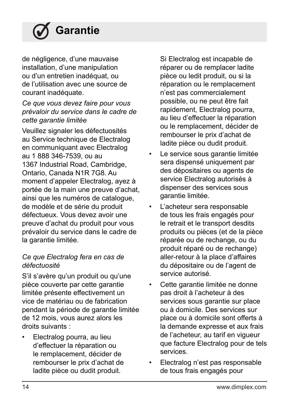 Garantie | Dimplex Electralog Fireplace 7207250100R05 User Manual | Page 29 / 47