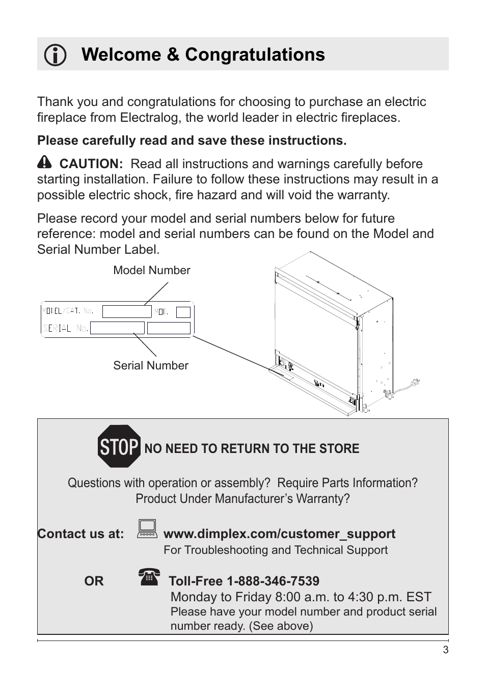 Welcome & congratulations | Dimplex Electralog Fireplace 7207250100R05 User Manual | Page 3 / 47