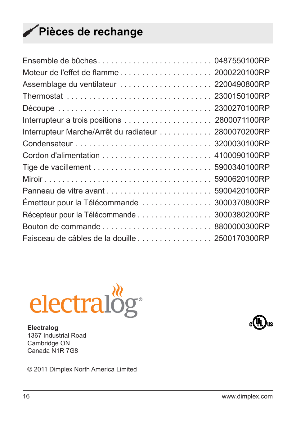 Pièces de rechange | Dimplex Electralog Fireplace 7207250100R05 User Manual | Page 31 / 47