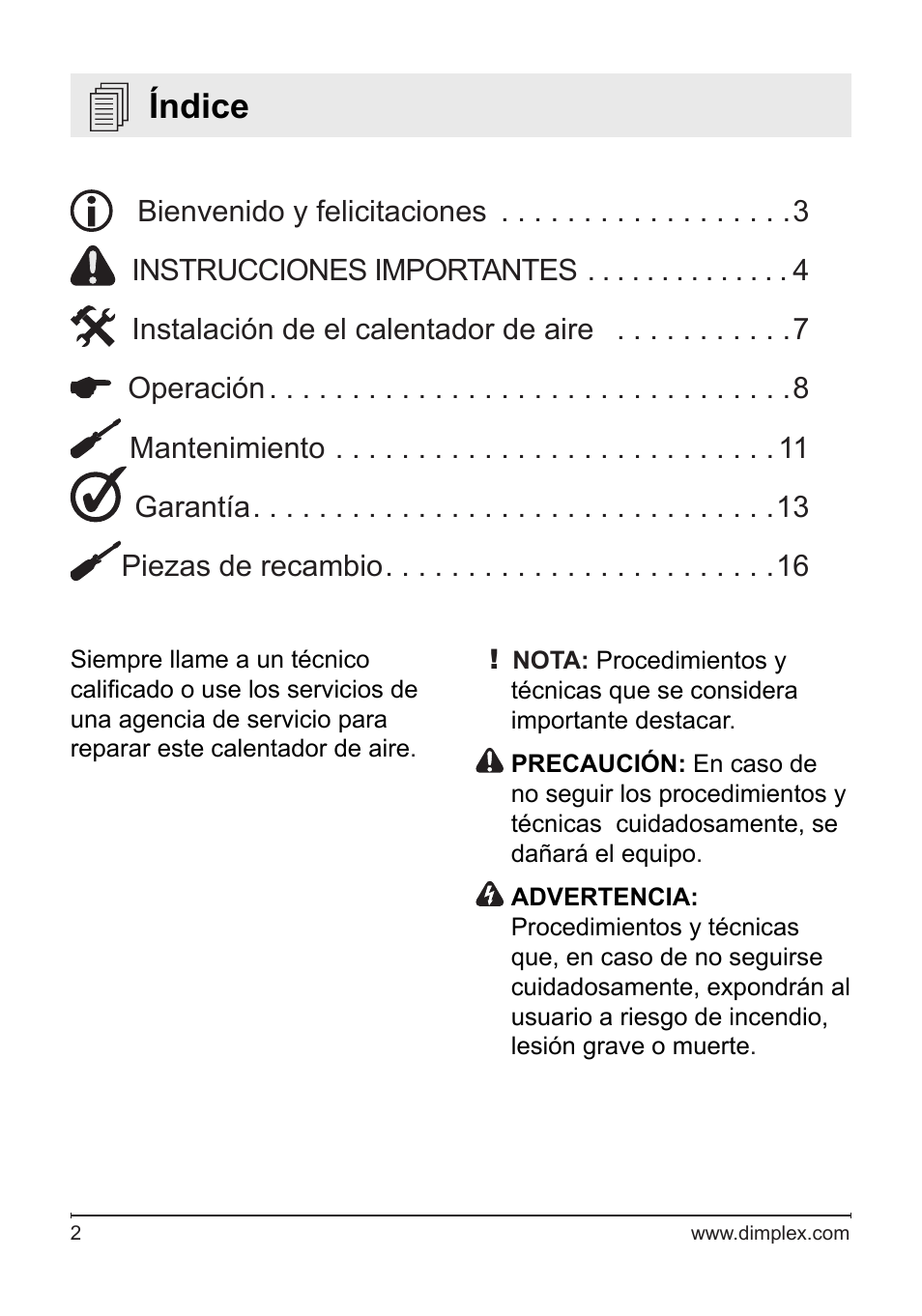 Índice | Dimplex Electralog Fireplace 7207250100R05 User Manual | Page 33 / 47