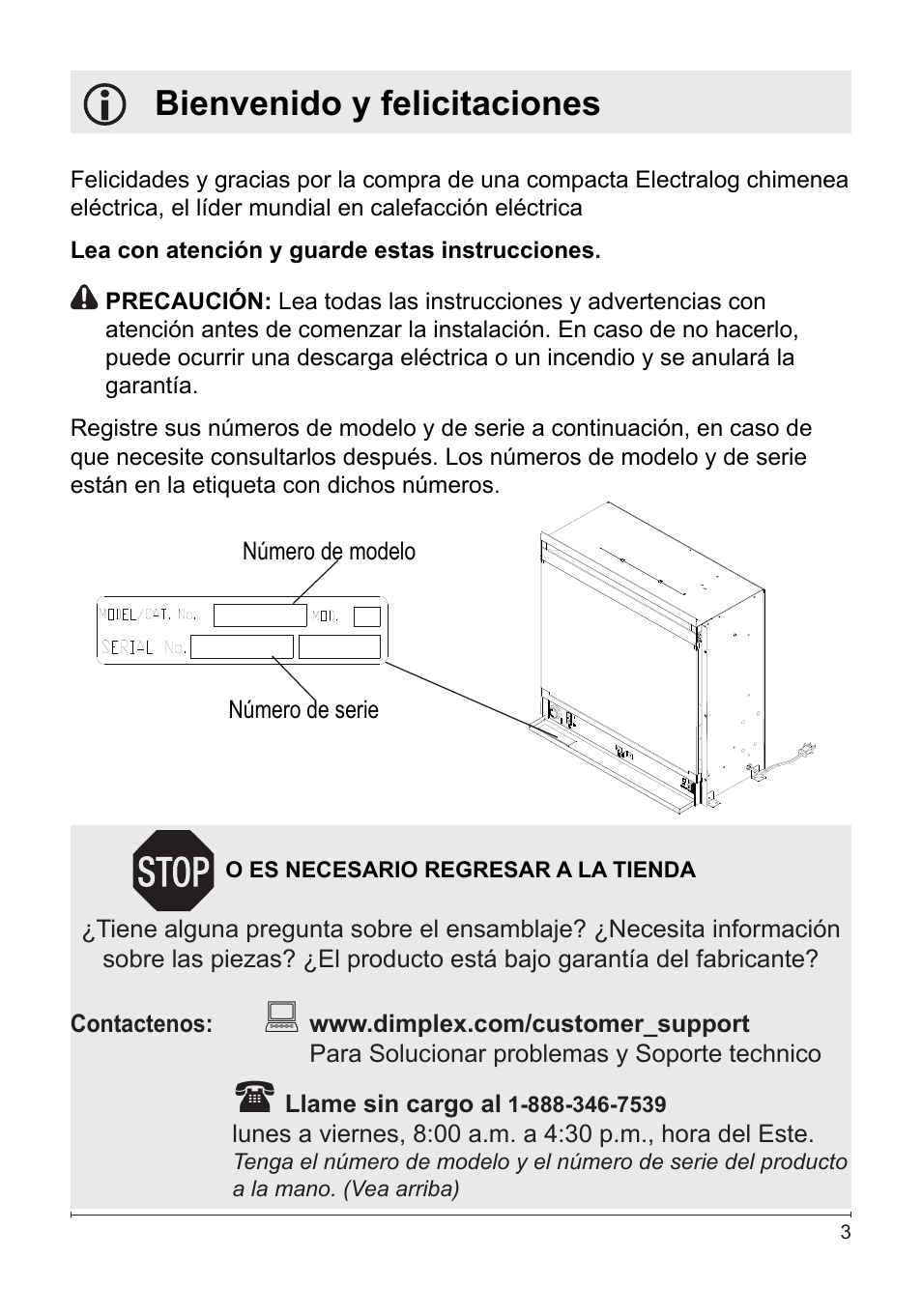 Bienvenido y felicitaciones | Dimplex Electralog Fireplace 7207250100R05 User Manual | Page 34 / 47